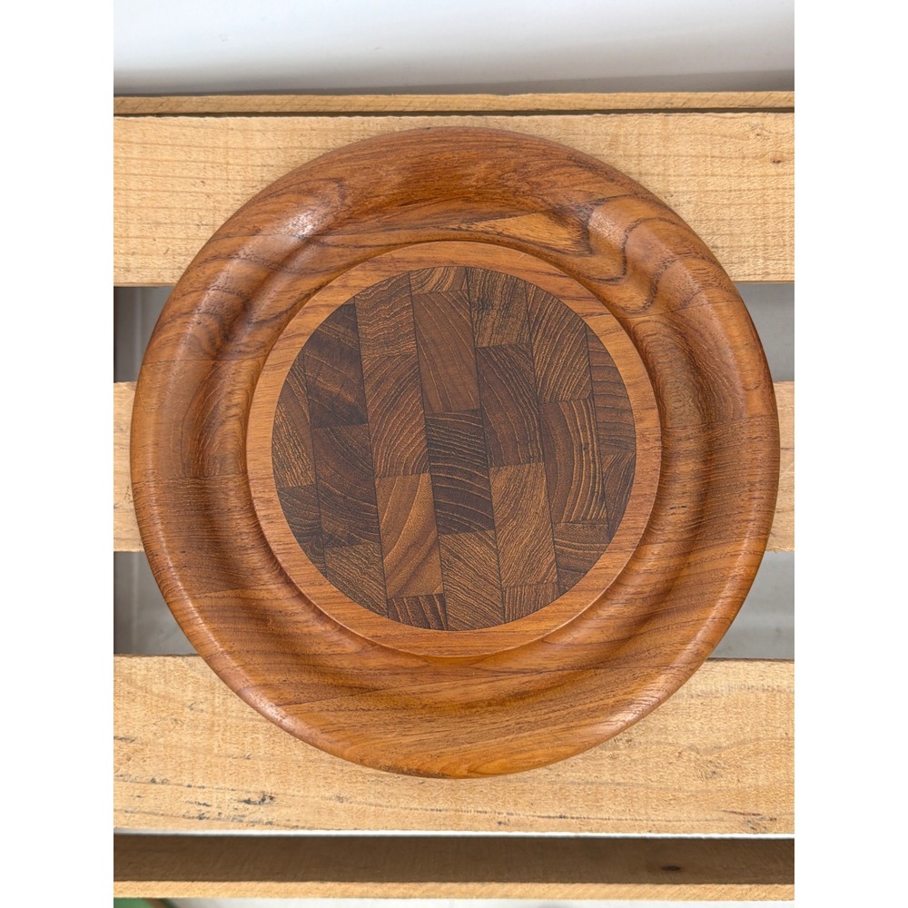 Vintage Dansk Denmark Staved Teak Wood Tray Cheese Board Parquet Inlay MCM 10"